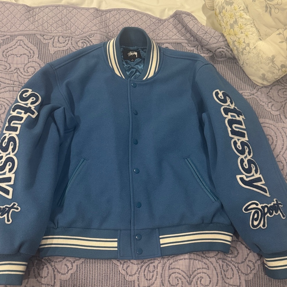 Stussy Blue Varsity Jacket with White Accents